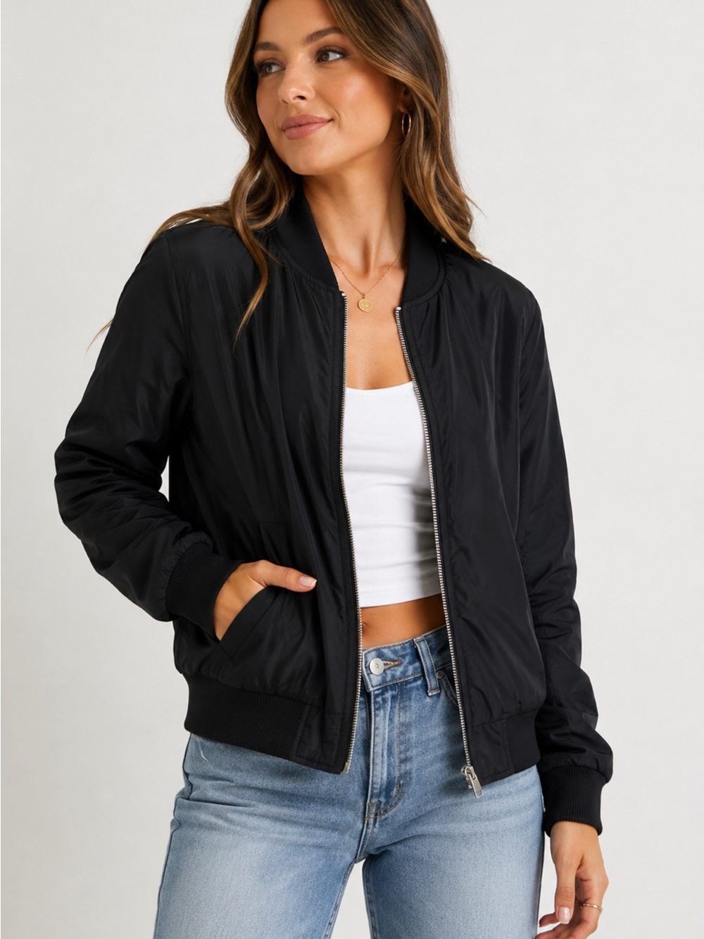 Poof! Black Women's Bomber Jacket with Ribbed Trim Zip Front Size S